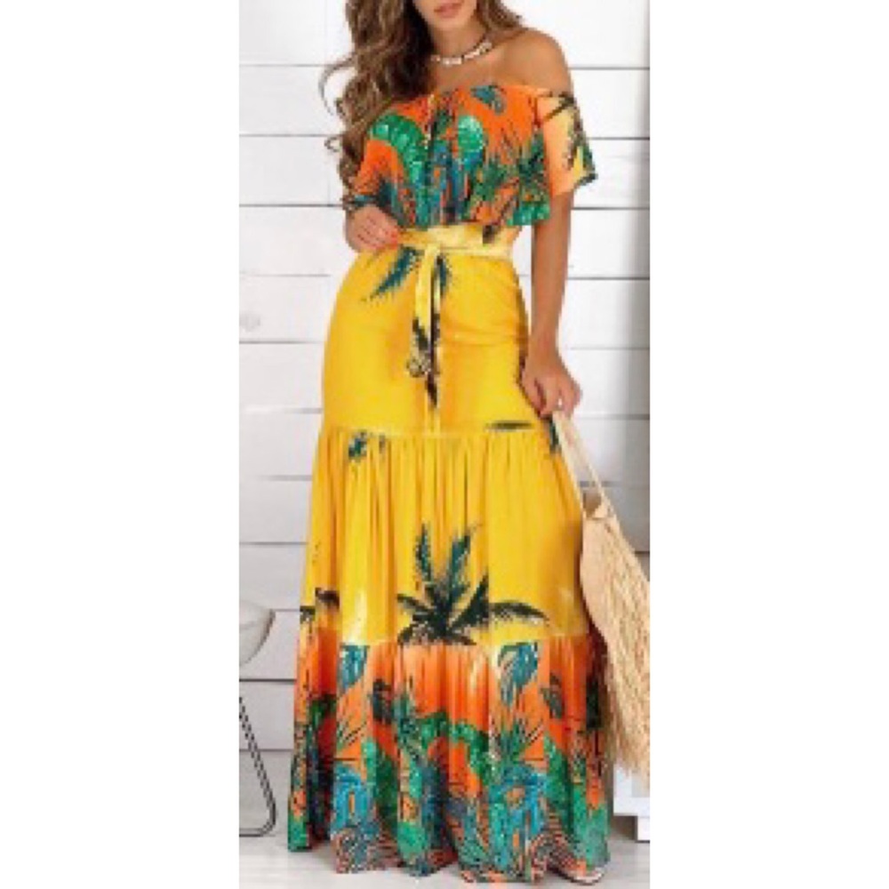 Woman’s off the shoulder colorful dress.
